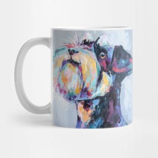 Conceptual portrait in multicolored painting of a schnauzer muzzle. Mug